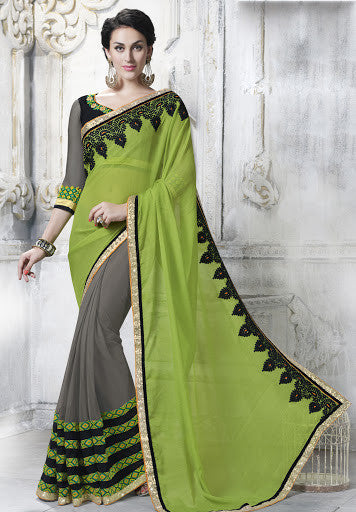 Green And Grey Chiffon Net Resham Sequins With Patch Border Work Saree