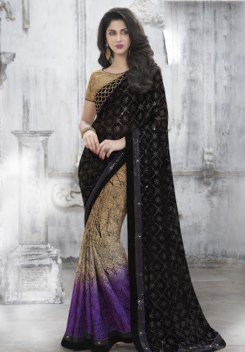 Multi Color Net And Satin Chiffon Abstract Print Sequins & Patch Border Work Saree