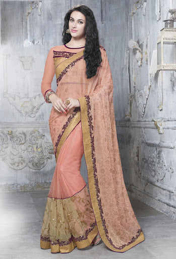 Peach Color Lycra Shimmer & Net Stone Applique Glitter Work & Patch Border Work Saree