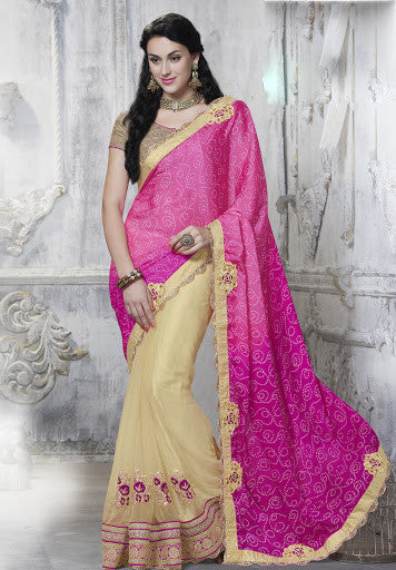 Beige And Pink Satin Net Printed Embroidered Party Wear Saree