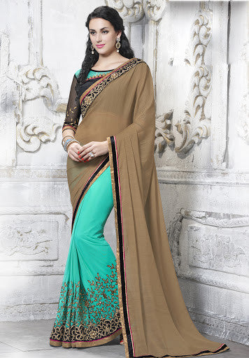 Sky Blue And Beige Faux Chiffon Net Embroidered & Patch Border Work Saree