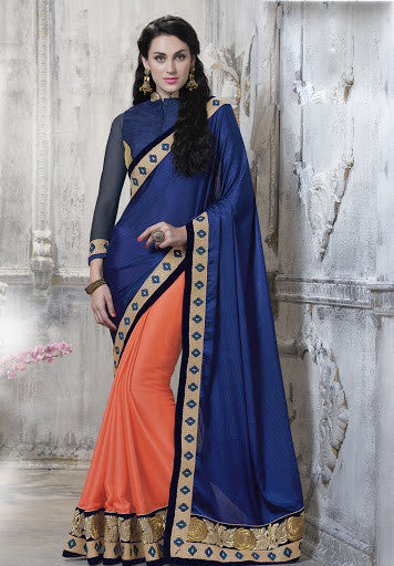 Aqua Blue and Dark Orange Chiffon Satin Tiptop Lace Work Designer Saree 
