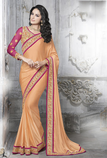 Epic Peach Satin Embroidered Party Wear Saree 