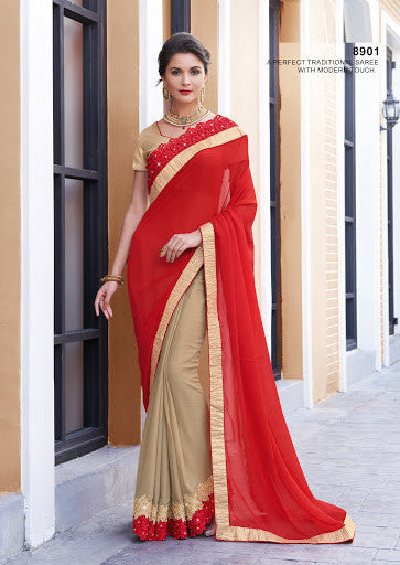 Classy Chiku And Red Color Chiffon Ebroidery Designer Saree