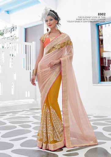 Elegant Mustard Gold And Light Peach Color Lycra Net Flock Print Cut Work Half-Half Saree
