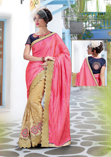 Trendy Pink And Color Chiku Net Paper Silk Embroidery Glitter Designer Saree