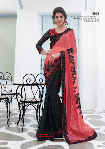 Balck And Deep Gajri Shaded Brasso Net Sequins Work Modern Look Half-Half Saree