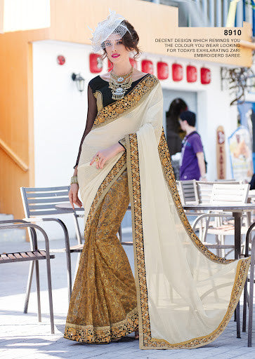 Trendy Dusty Musturd And Off White Net Chiffon Foil Print Embroidery Designer Saree 