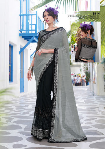 Trendy Black And Grey Net With Fancy Chiffon Sequins Work Designer Saree
