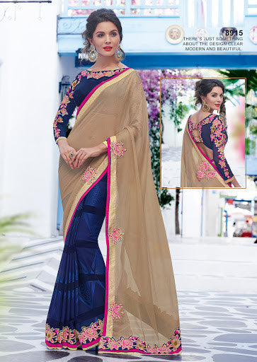 Navy Blue And Chiku Color Jacquard Chiffon Embroidered Designer Saree