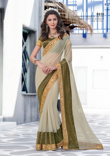 Trendy Matt Green Color Lycra Fabric Embroidered Designer Saree