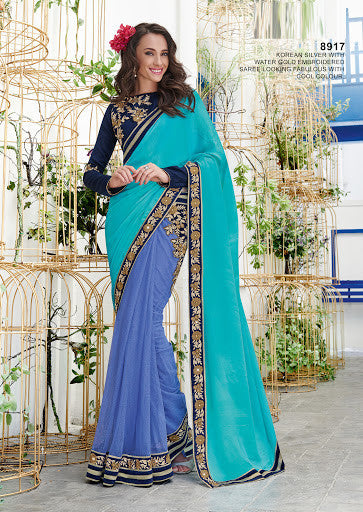 Trendy Sky Blue And Puroulish Blue Net Chiffon Embroidery Designer Saree