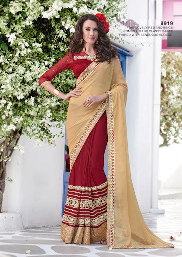 Classy Tassur And Maroon Color Chiffon Net Embroidery With Stone Work Designer Saree
