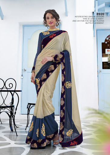Elegant Chiku And Navy Blue Lycra Fabric Stone With Cut Work Butta Designer Saree 