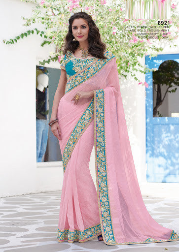 Elegant Light Pink Chiffon Foil Print Embroidery Designer Saree