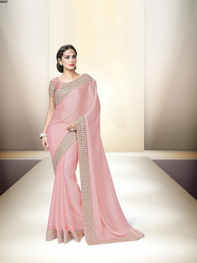 Trendy Onion Pink Satin Georgette Zari Cut Work Designer Saree 
