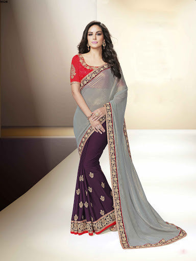 Wine And Grey Color Georgette Stone Zari Work Designer Saree