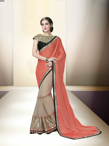 Orange And Chiku Color Chiffon Net Mirror Zari Work Designer Saree
