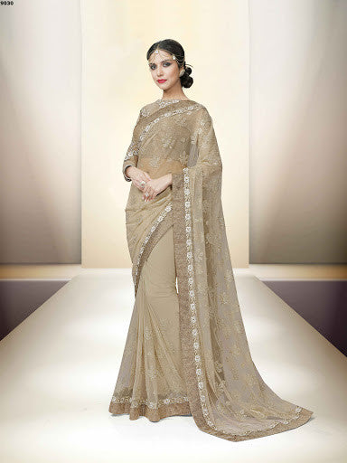 Excellent Light Beige Net Embroidered Designer Saree