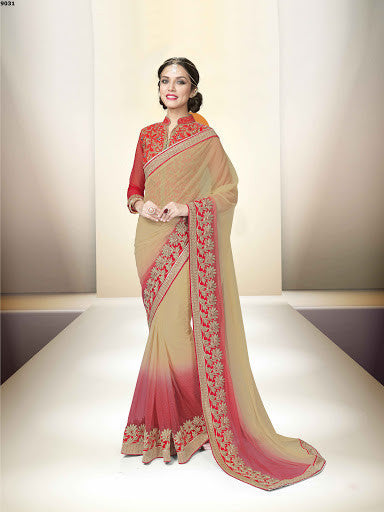 Chiku And Red Color Net Embroidered Designer Saree