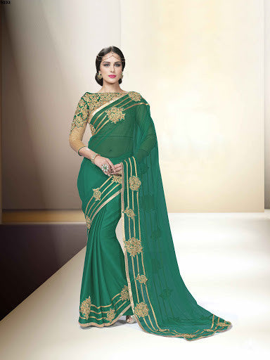 Trendy Rama Green Chiffon Net Embroidered Patch Work Designer Saree