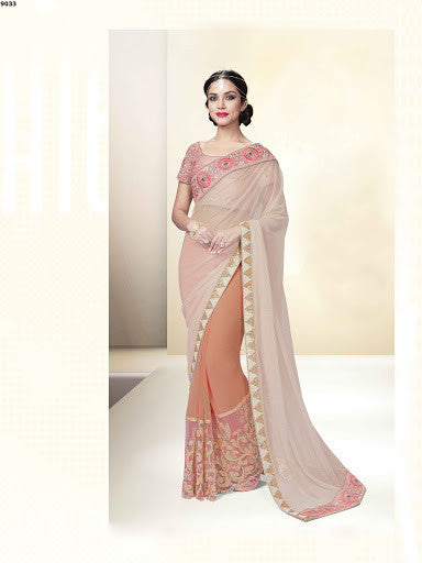 Cream And Peach Color Lycra Chiffon Embroidered Designer Saree