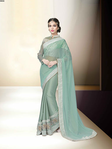 Modern Sea Green Lycra Net Georgette Embroidery With Stone Work Designer Saree