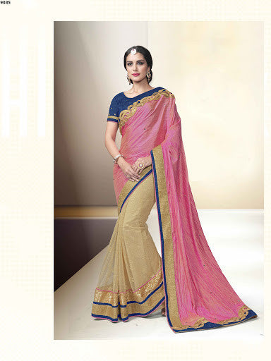 Pink And Chiku Color Net Paper Silk Cut Work Embroidery Party Wear Saree