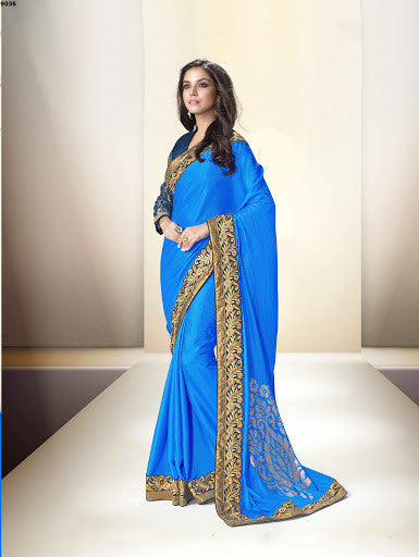 Classy Blue Color Satin Silk Embroidery with Foil Print Designer Saree