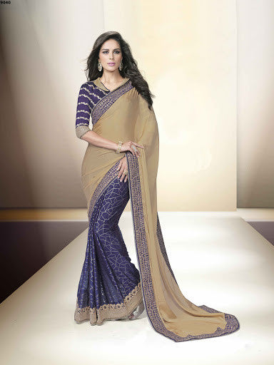 Trendy Purple And Chiku Color Satin Chiffon Glitter Embroidered Party Wear Saree