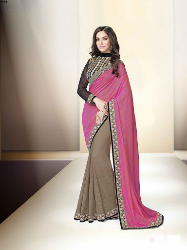 Classy Pink And Chiku Color Satin Georgette Embroidery Designer Saree 