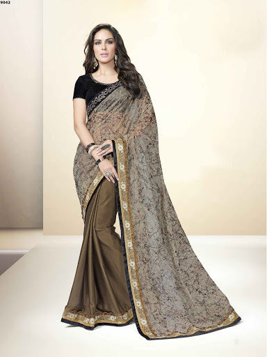 Trendy Dark Chiku And Brown Color Net With Satin Georgette Embroidery Stone Work Party Wear Saree 