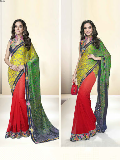 Multi Color Satin Georgette With Net Embroidered Digital Print Party Wear Saree