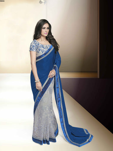 Nevy Blue And Grey Satin Georgette Net Glitter Embroidery Party Wear Saree
