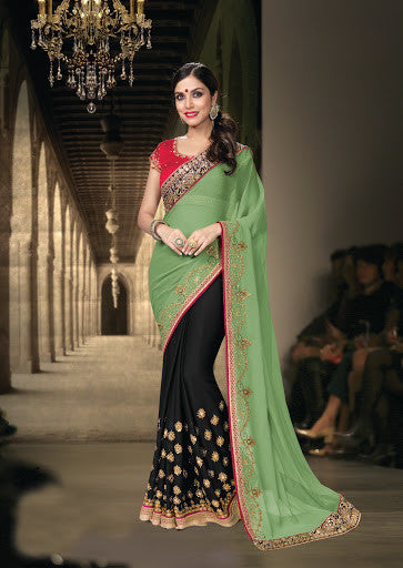 Green And Black Chiffon Georgette Zari Embroidery Designer Saree