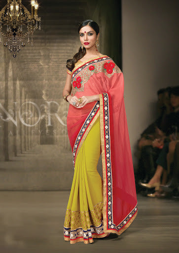 Red And Yellow Color Georgette Embroidered Designer Saree