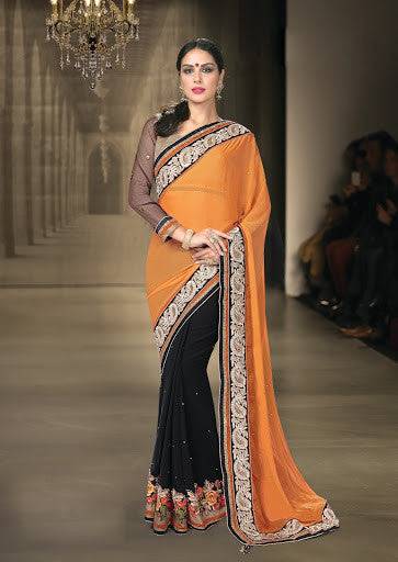 Orange And Black Georgette Thread Embroidery Designer Saree