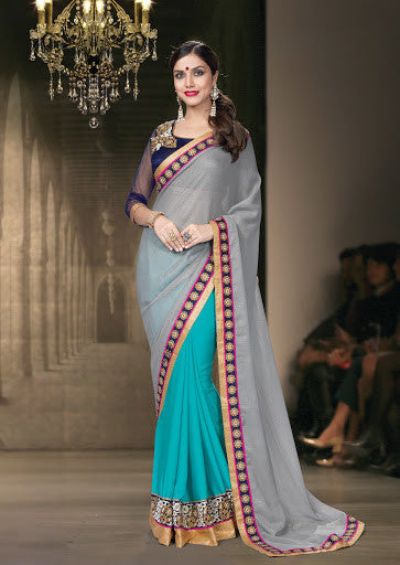 Blue And Grey Chiffon Satin Georgette Lurid Embroidered Work Designer Saree 