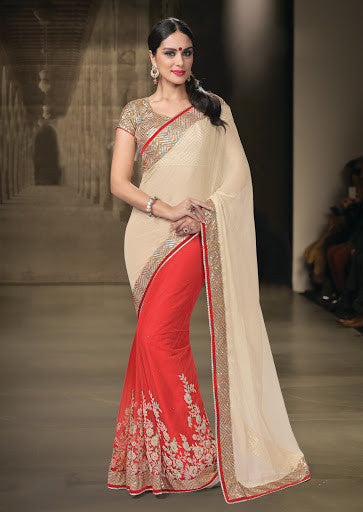 Beige And Red Color Lycra Net Magnetic Embroidered Work Designer Saree