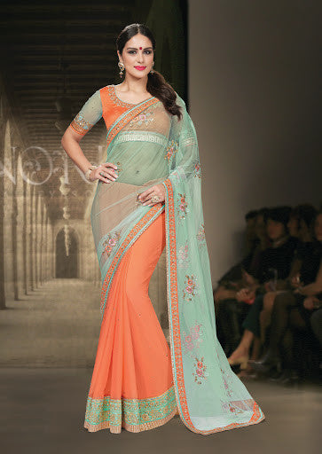 Blue And Orange Color Net Chiffon Gripping Patch Border Designer Saree