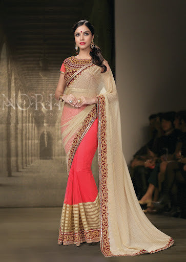 Mystical Net Beige And Pink Designer Saree