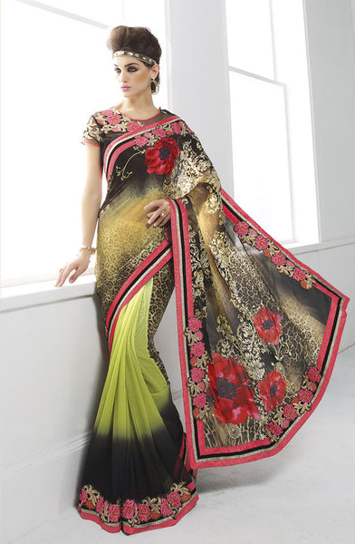 Affulent Liril Green Floral Worked Saree
