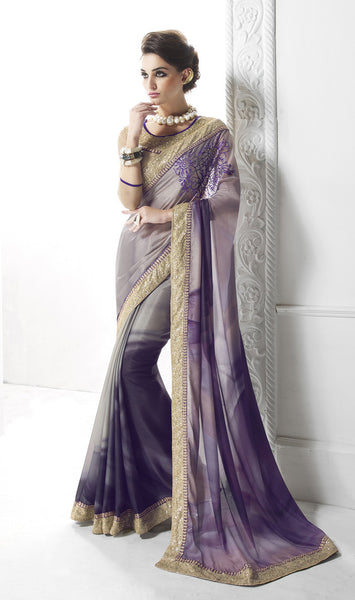Brilliance Of Purple And Royalness Of Gold Designer Stylish Saree
