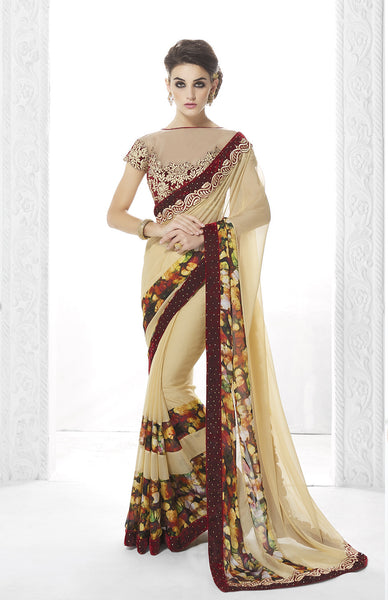 Brige And Red Digital Print Work On Net With Heavy worked Blouse
