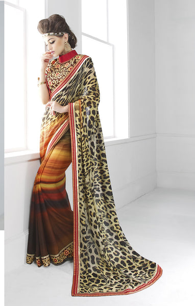 Designer Party Wear Tiger Print Saree With Heavy Floral Worked Blouse