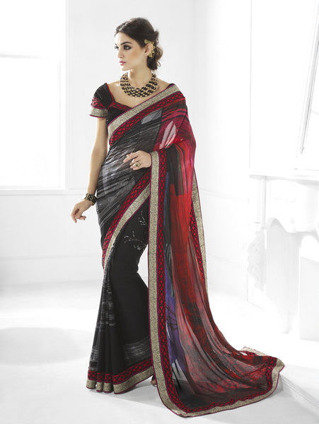 Black And Red Crafted Using Faux Georgett Designer Party Wear Saree