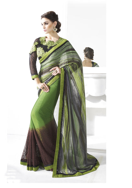 Diva Green Amazing Floral Design Saree with heavy worked Blouse