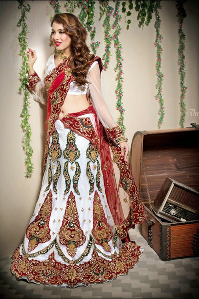 White and Red Embroidery Stone Work Lehanga