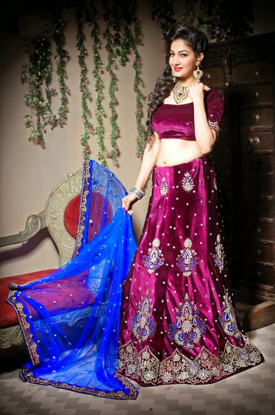 Meroon Embroidery Work Velvet Lehanga Choli With Blue Net Duppatta