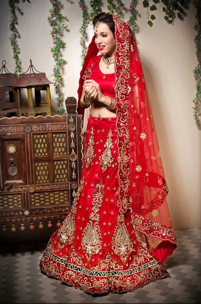 Red With Stone Work Embroidery Lehanga